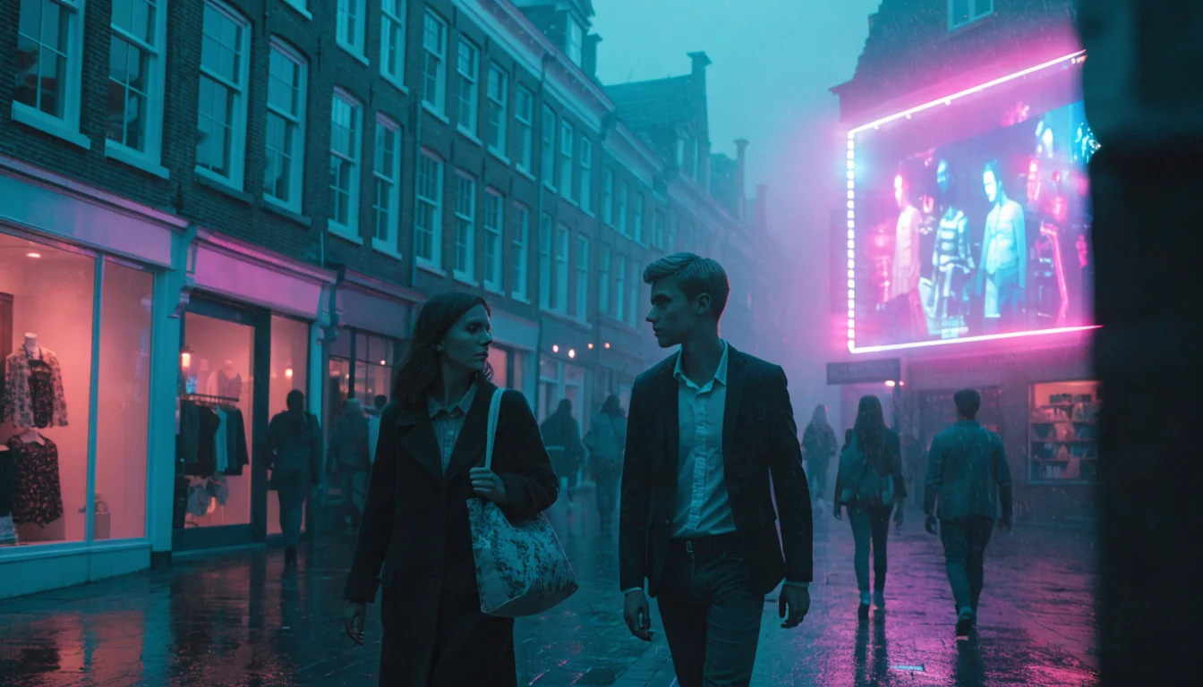 Mensen lopen langs reclame in een Nederlandse winkelstraat