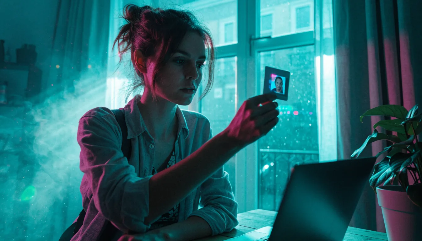 Vrouw toont identiteitskaart voor de camera aan tafel